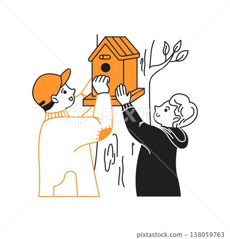 Two People Building Birdhouse Illustration Two People Building Birdhouse Illustration 138059763