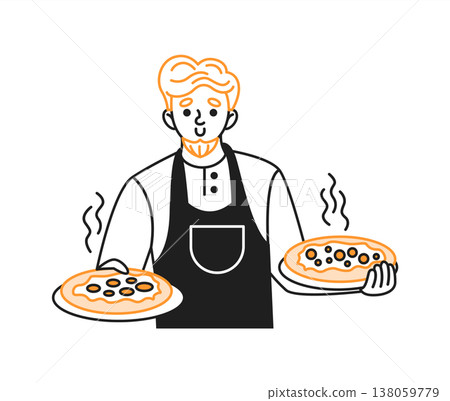 Illustration of chef holding two steaming pizzas Illustration of chef holding two steaming pizzas 138059779