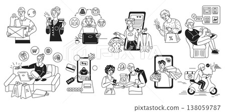 Ecommerce and Delivery Services Black and White Illustration 138059787