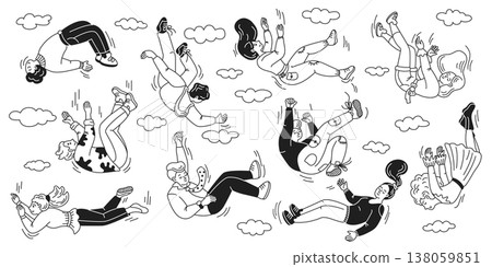Cartoon Characters Falling Through Cloudy Sky Cartoon Characters Falling Through Cloudy Sky 138059851
