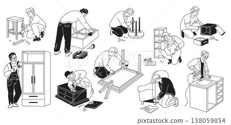 Various People Assembling Furniture in Minimalist Style 138059854