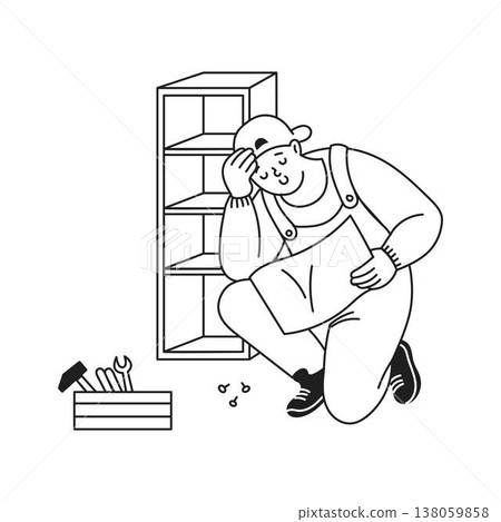 Cartoon Handyman Struggling with Instructions 138059858