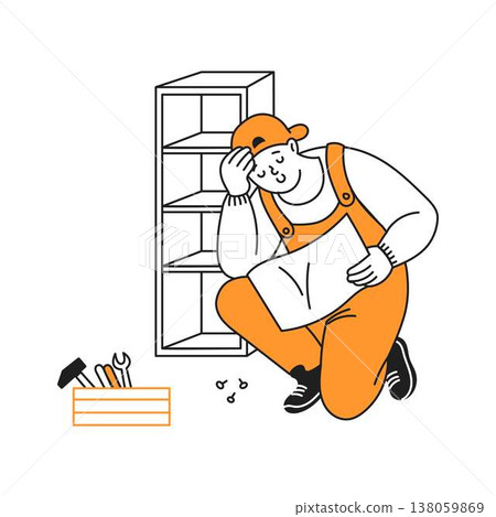 Confused Worker Assembling Furniture Confused Worker Assembling Furniture 138059869