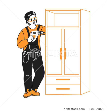 Worker Assembling Cabinet with Power Drill 138059870