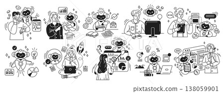 Illustration of Robots Assisting Humans with Data Tasks 138059901