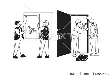 Home Renovation Workers Installing Windows and Doors Home Renovation Workers Installing Windows and Doors 138059907