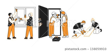 Cartoon Workers Installing Windows Doors Flooring 138059910