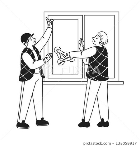 Two Workers Installing Residential Window Two Workers Installing Residential Window 138059917