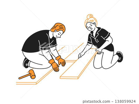 Illustration of Two People Installing Wooden Floor Illustration of Two People Installing Wooden Floor 138059924