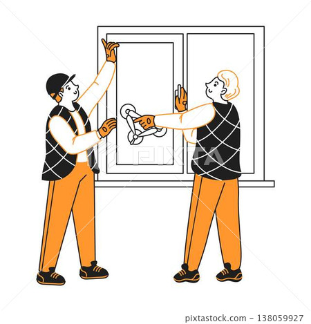 Two Workers Installing Large Window Illustration Two Workers Installing Large Window Illustration 138059927