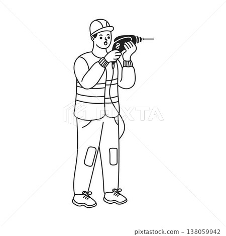 Line Art of Construction Worker with Drill Tool Line Art of Construction Worker with Drill Tool 138059942