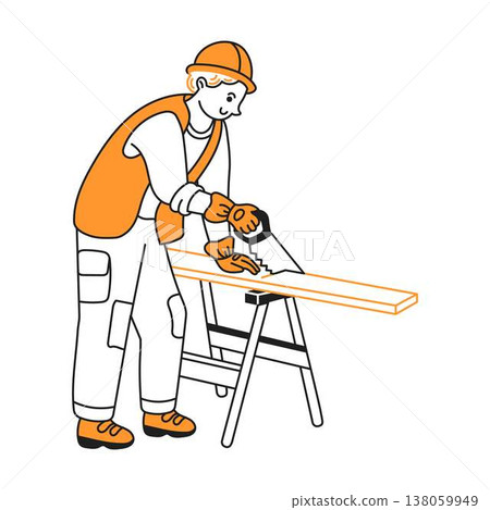Illustration of Worker Cutting Wood with Handsaw 138059949