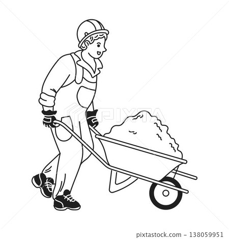 Construction Worker with Wheelbarrow in Black and White Construction Worker with Wheelbarrow in Black and White 138059951