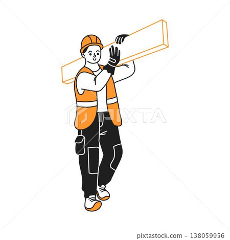 Cartoon Construction Worker Carrying Wood Beam Cartoon Construction Worker Carrying Wood Beam 138059956
