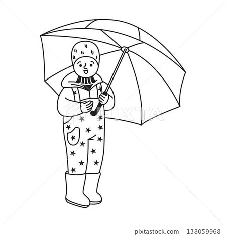 Smiling Child with Umbrella in Rain Gear Smiling Child with Umbrella in Rain Gear 138059968