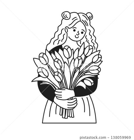 Smiling Girl Holding Bouquet of Tulips Smiling Girl Holding Bouquet of Tulips 138059969