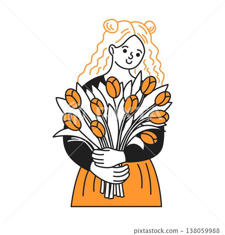 Woman Holding Tulips Illustration in Bold Colors Woman Holding Tulips Illustration in Bold Colors 138059988