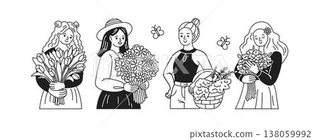 Group of Women with Flowers in Monochrome Style Group of Women with Flowers in Monochrome Style 138059992