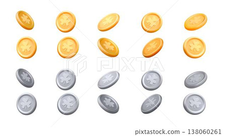 Golden and Silver Coins with Clover Design 138060261