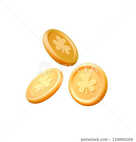 Golden Coins with Clover Symbol on White Golden Coins with Clover Symbol on White 138060269