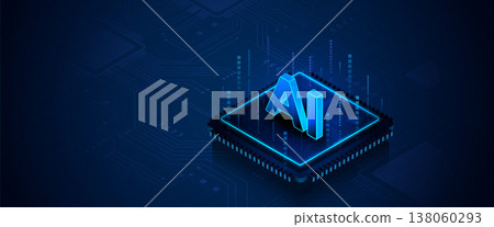 Artificial intelligence AI text on computer microchip with blue digital circuit background Artificial intelligence AI text on computer microchip with blue digital circuit background 138060293