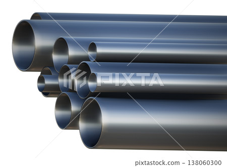 3D render of stacked steel pipes, professional industrial stainless metal tubes for construction, oil, gas, and plumbing engineering projects isolated on a white background design 3D render of stacked steel pipes, professional industrial stainless metal tubes for construction, oil, gas, and plumbing engineering projects isolated on a white background design 138060300