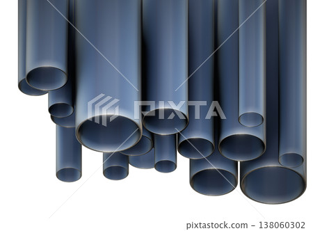 3D render of stacked steel pipes, professional industrial stainless metal tubes for construction, oil, gas, and plumbing engineering projects isolated on a white background design 138060302