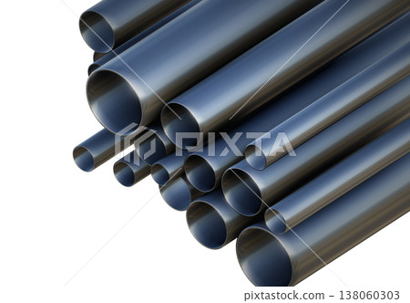 3D render of stacked steel pipes, professional industrial stainless metal tubes for construction, oil, gas, and plumbing engineering projects isolated on a white background design 3D render of stacked steel pipes, professional industrial stainless metal tubes for construction, oil, gas, and plumbing engineering projects isolated on a white background design 138060303