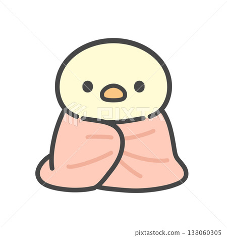 A hand-drawn illustration of a chick snuggled up in a blanket to keep warm because it's cold. 138060305