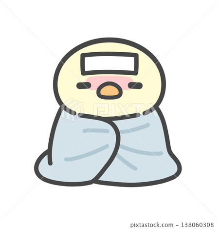 手繪插圖，一隻小雞因為發燒（感冒/流感）而裹在毯子裡。 138060308