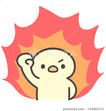 A hand-drawn illustration of a chick burning with passion, carrying flames on its back. 138060310