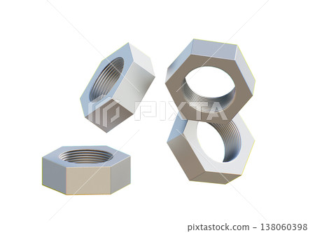3D render of scattered hexagonal metal nuts, professional steel fasteners for industrial engineering and construction equipment isolated on a white background for creative design 3D render of scattered hexagonal metal nuts, professional steel fasteners for industrial engineering and construction equipment isolated on a white background for creative design 138060398