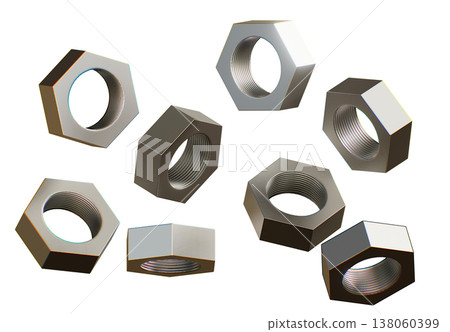 3D render of scattered hexagonal metal nuts, professional steel fasteners for industrial engineering and construction equipment isolated on a white background for creative design 3D render of scattered hexagonal metal nuts, professional steel fasteners for industrial engineering and construction equipment isolated on a white background for creative design 138060399