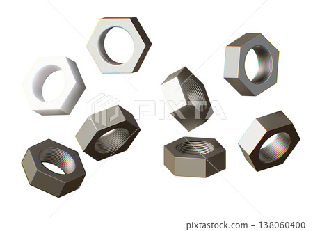 3D render of scattered hexagonal metal nuts, professional steel fasteners for industrial engineering and construction equipment isolated on a white background for creative design 3D render of scattered hexagonal metal nuts, professional steel fasteners for industrial engineering and construction equipment isolated on a white background for creative design 138060400