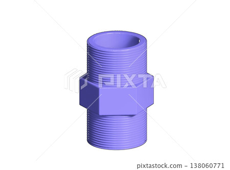 3D render of purple PVC hex nipple with double male threads for plumbing and irrigation, showing industrial plastic pipe fitting isolated on white background for design projects 138060771