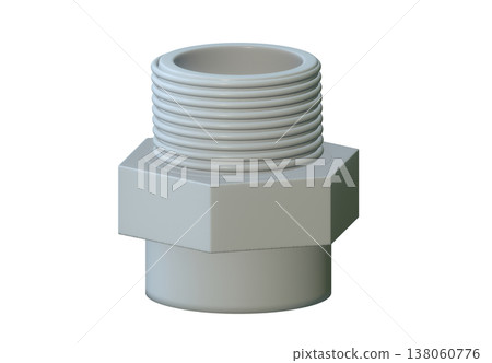 3D render of grey PVC male threaded adapter pipe fitting for plumbing and irrigation, showing industrial plastic connector isolated on white background for technical design work 3D render of grey PVC male threaded adapter pipe fitting for plumbing and irrigation, showing industrial plastic connector isolated on white background for technical design work 138060776