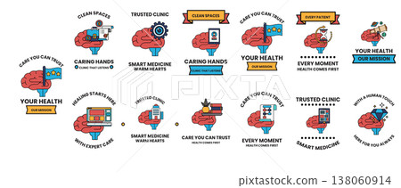 Flat vector icons depict brain health concepts Flat vector icons depict brain health concepts 138060914
