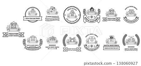 Vintage monochrome logos display classic design motifs Vintage monochrome logos display classic design motifs 138060927