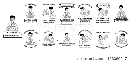 Simple black-and-white icons depict health and wellness themes Simple black-and-white icons depict health and wellness themes 138060947