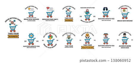 Cartoon characters with shopping carts smile cheerfully 138060952