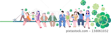 一幅向量插圖,描繪了不同世代的家庭圍坐在四葉草旁。 一幅向量插圖,描繪了不同世代的家庭圍坐在四葉草旁。 138061032