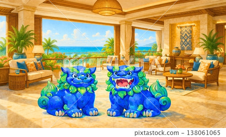 A blue Shisa statue and an afternoon in a high-quality hotel lounge. A blue Shisa statue and an afternoon in a high-quality hotel lounge. 138061065