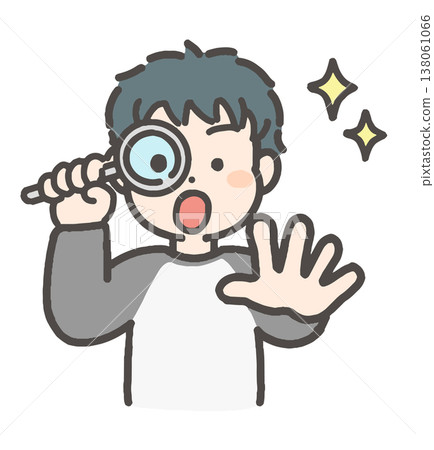 An illustration of a boy looking through a magnifying glass and being surprised. An illustration of a boy looking through a magnifying glass and being surprised. 138061066