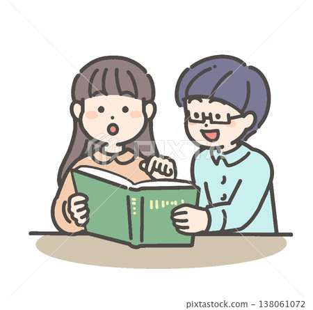 A boy and a girl talking while reading a book. A boy and a girl talking while reading a book. 138061072