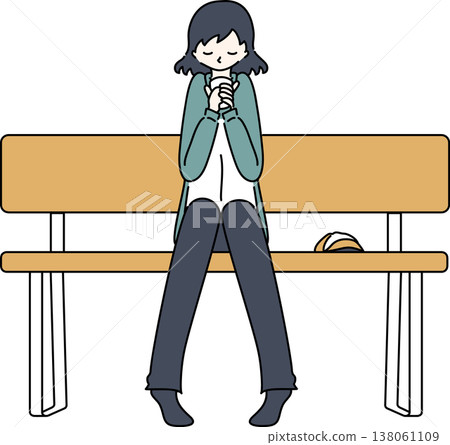 An illustration of a woman in work clothes resting on a bench; her uniform is green. An illustration of a woman in work clothes resting on a bench; her uniform is green. 138061109