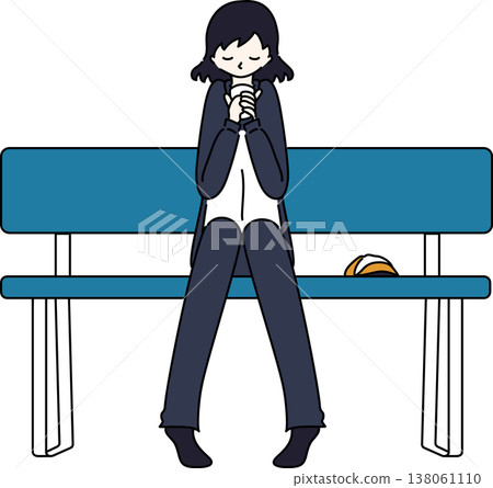 一幅插圖,描繪了一位身穿工作服的女士坐在長椅上休息;她的製服是藏藍色的。 一幅插圖,描繪了一位身穿工作服的女士坐在長椅上休息;她的製服是藏藍色的。 138061110