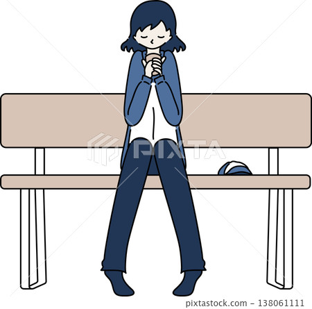 一幅插圖,描繪了一位身穿工作服的女性坐在長椅上休息;她穿著藍色制服。 一幅插圖,描繪了一位身穿工作服的女性坐在長椅上休息;她穿著藍色制服。 138061111