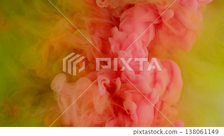 Color mix smoke. Water ink fog. Defocused pink yellow cloud vapor liquid fume mist spreading acrylic pigment on abstract background. 138061149