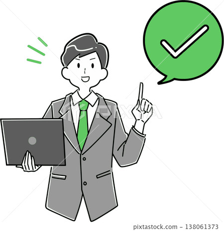 插圖描繪了一位商人手持筆記型電腦，示意支票已結清。 138061373