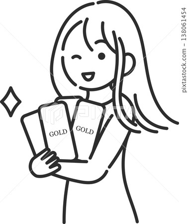 一幅描繪一位女子手持金條並眨眼的插圖（僅線條畫）。 138061454